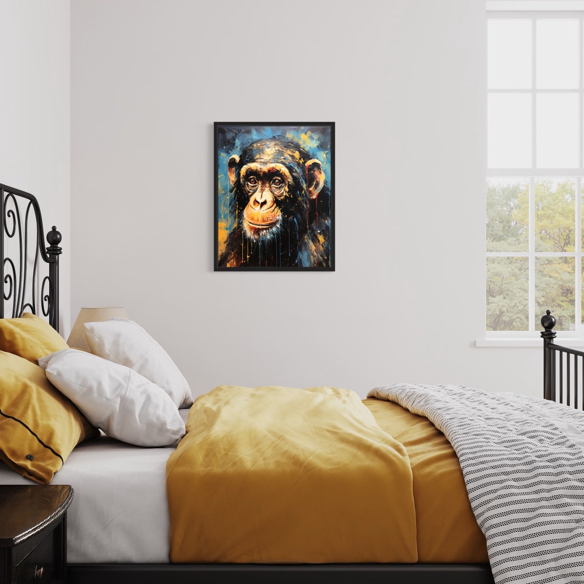 Soulful Chimpanzee Portrait Abstract Blue Gold Wildlife Poster - Image 3