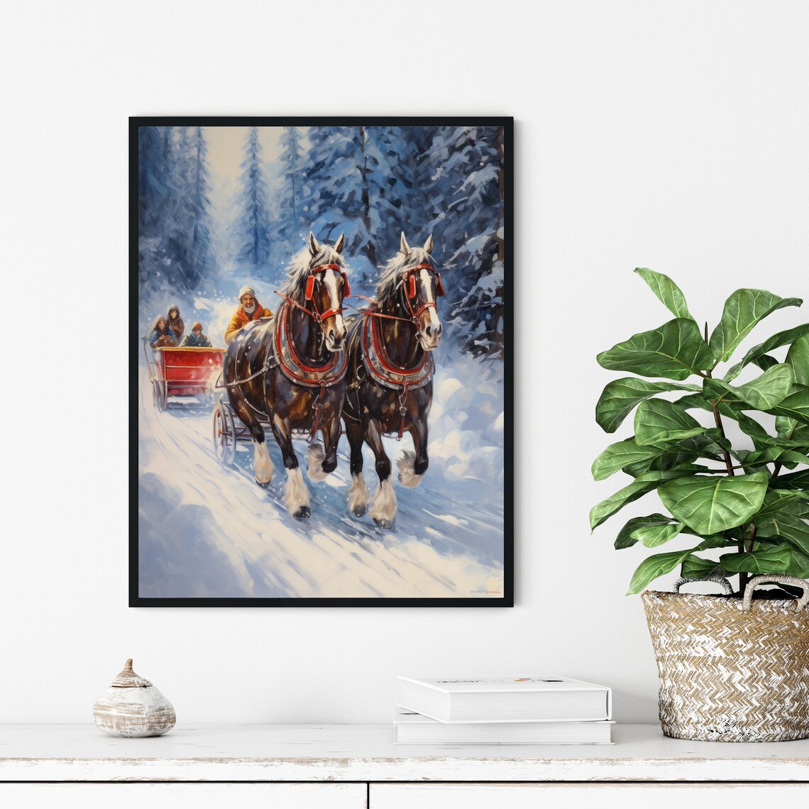 Horse Drawn Sleigh Ride Through a Snowy Winter Forest Painting Poster - Image 3