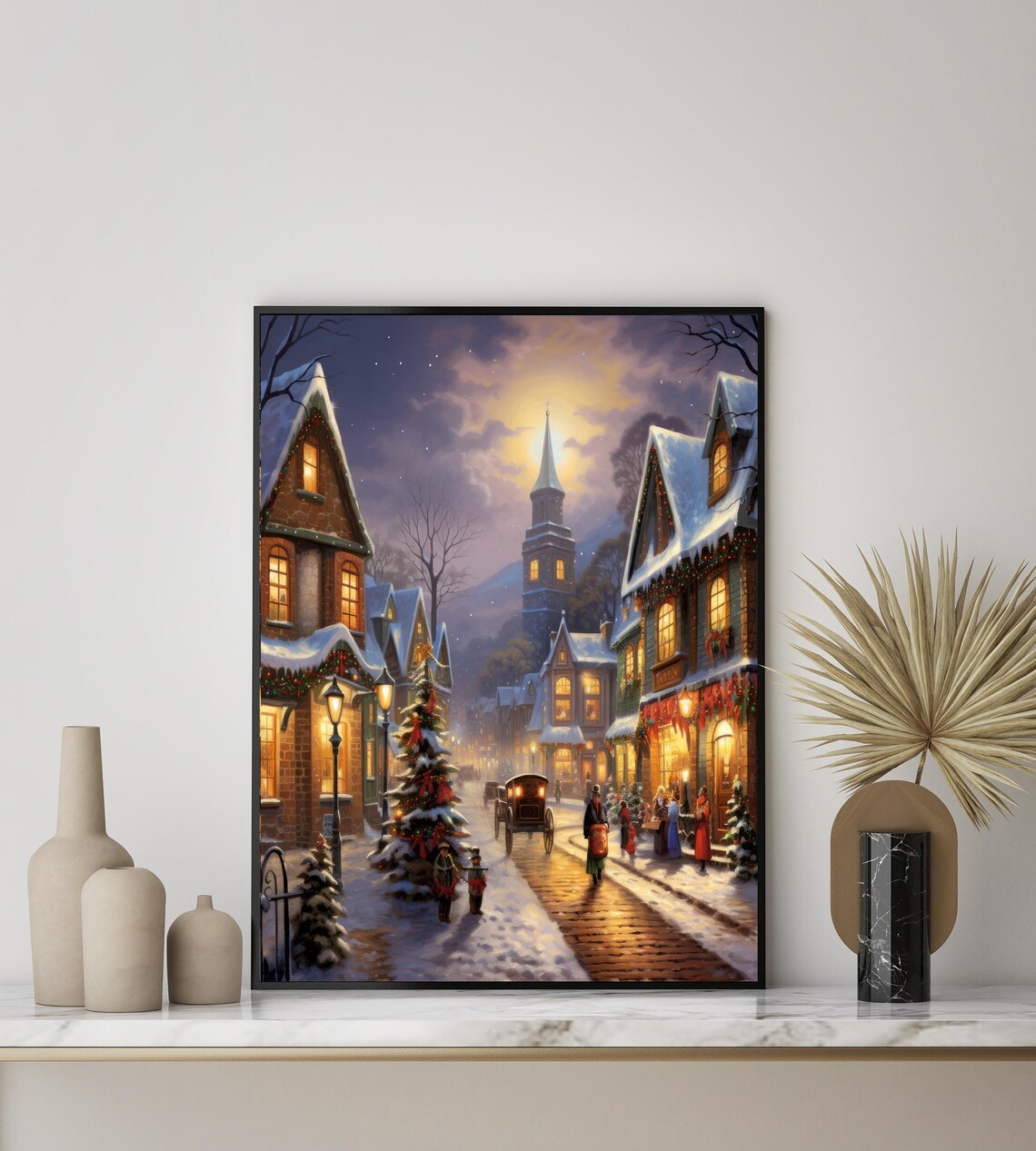 Victorian Christmas Village Snowy Street Horse Carriage Poster - Image 3