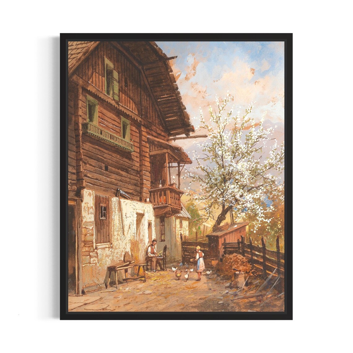 Vintage Alpine Farmhouse Chickens Blossom Tree Painting Poster