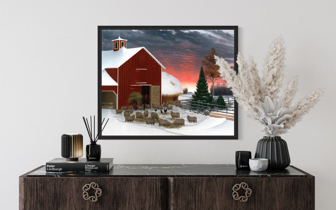 Red Barn at Sunset with Sheep Flock Winter Farm Scene Poster - Image 2