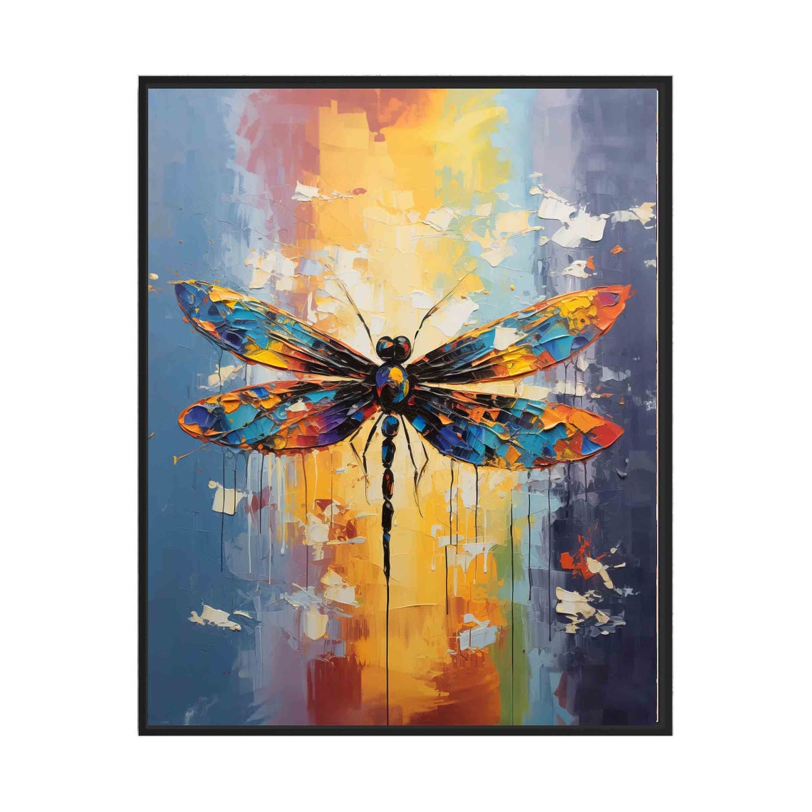 Colorful Dragonfly With Stained Glass Wings Sunset Art Poster