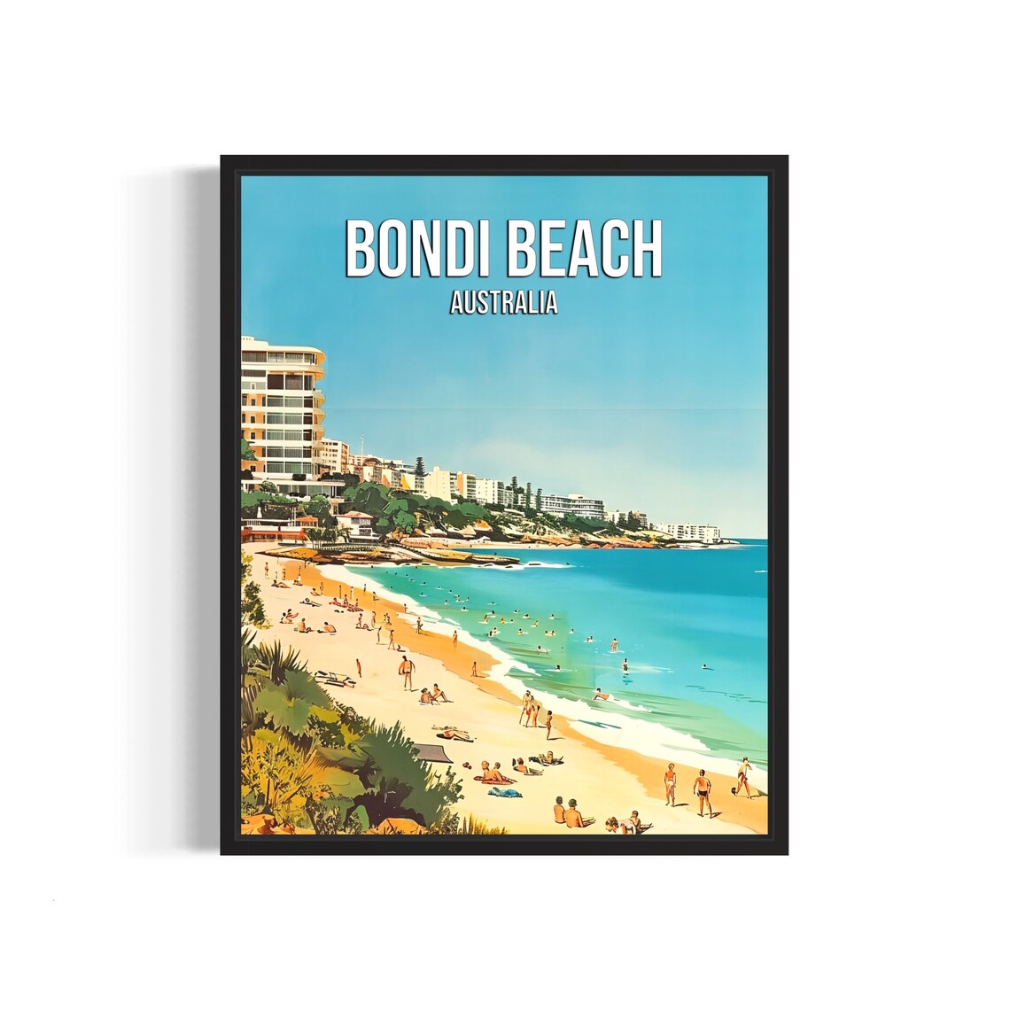 Bondi Beach Australia Golden Sand Beachgoers Retro Travel Poster