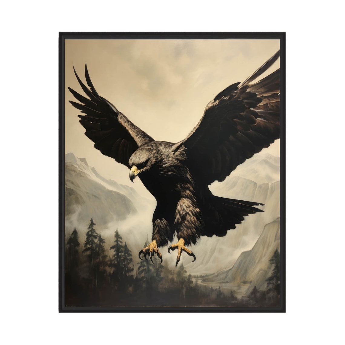Black Eagle Soaring with Talons Over Misty Mountains Bird Poster