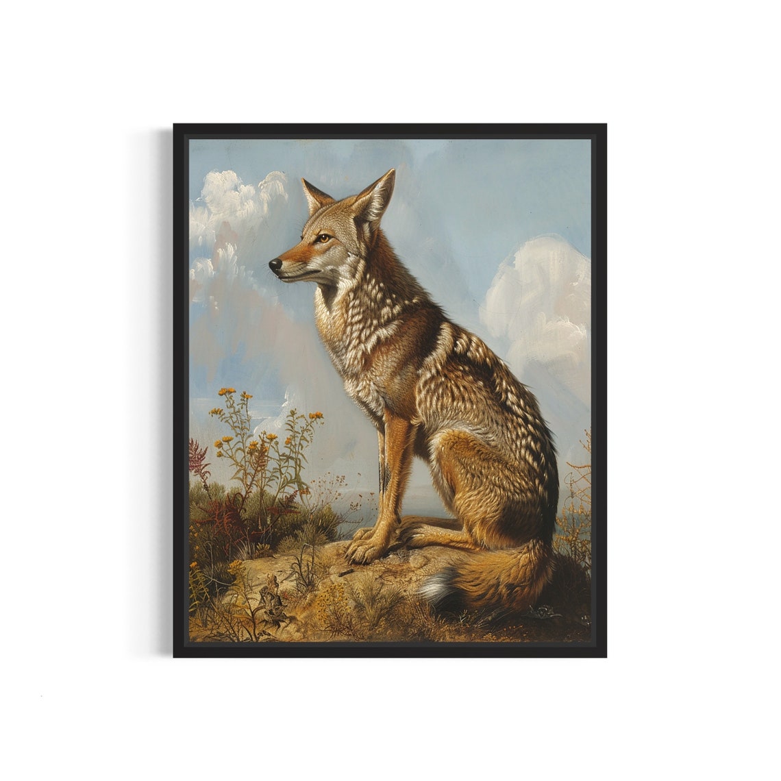 Coyote Sitting in the Prairie Wildflowers Vintage Wildlife Poster
