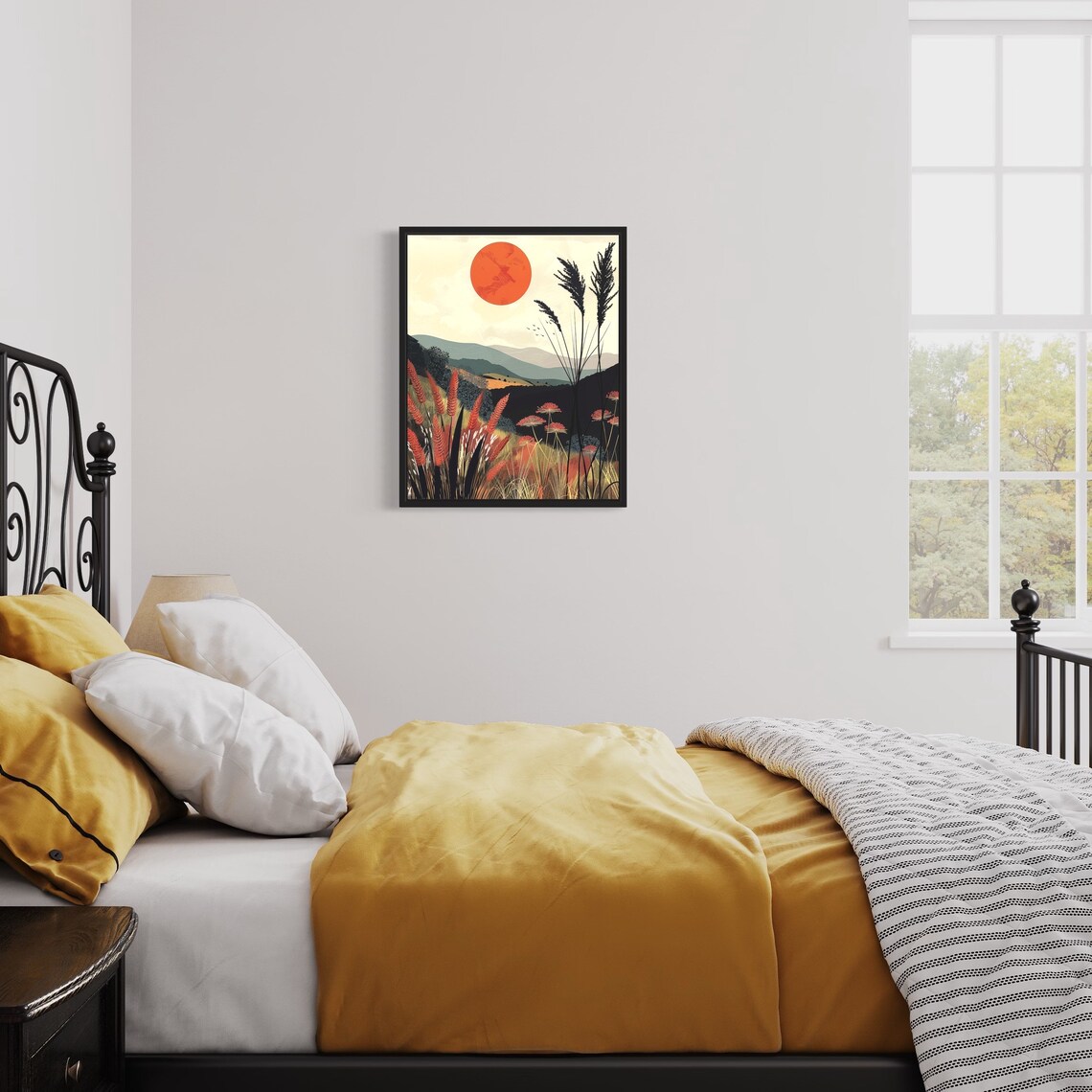 Red Sun Grassland Hills Modern Minimalist Landscape Style Poster - Image 3