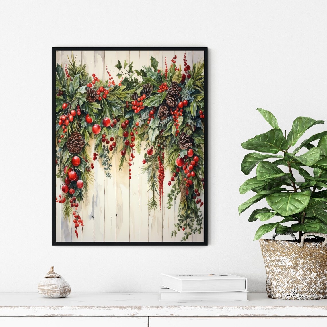 Christmas Garland Watercolor Berries Pinecones Festive Holiday Wall Art - Image 2