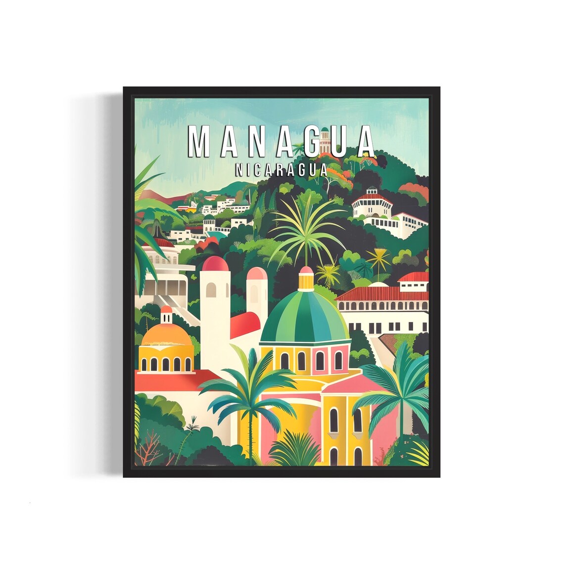 Managua Nicaragua Colonial Domes and Palms Vintage Travel Poster