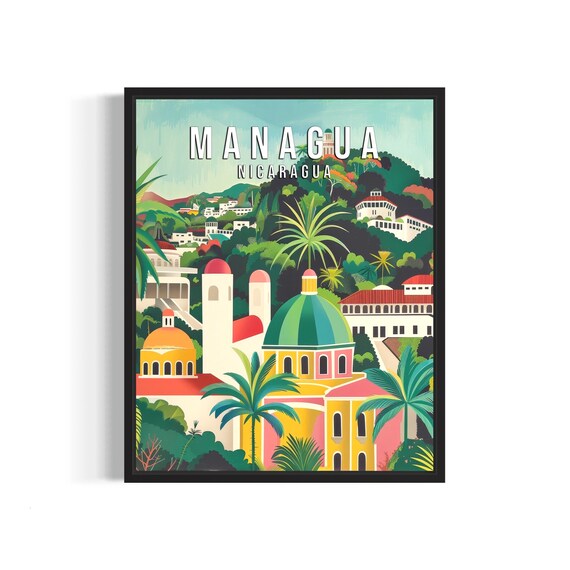 Managua Nicaragua Colonial Domes and Palms Vintage Travel Poster
