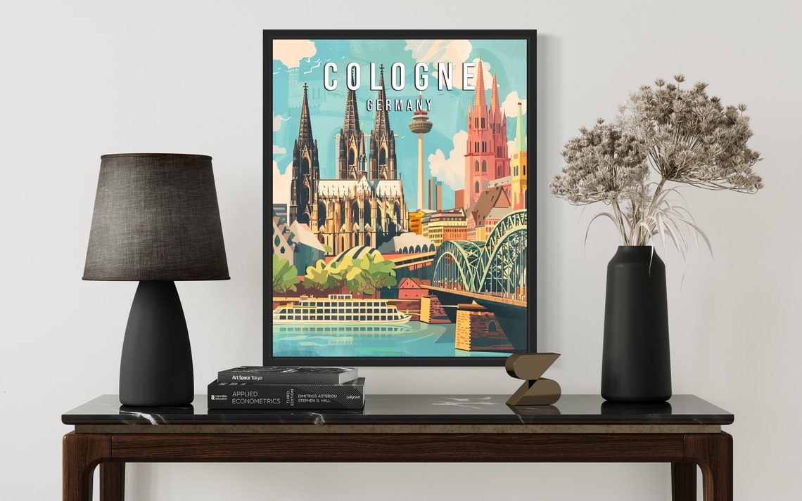 Cologne Germany Cathedral Rhine River Bridge Illustrated Poster - Image 2