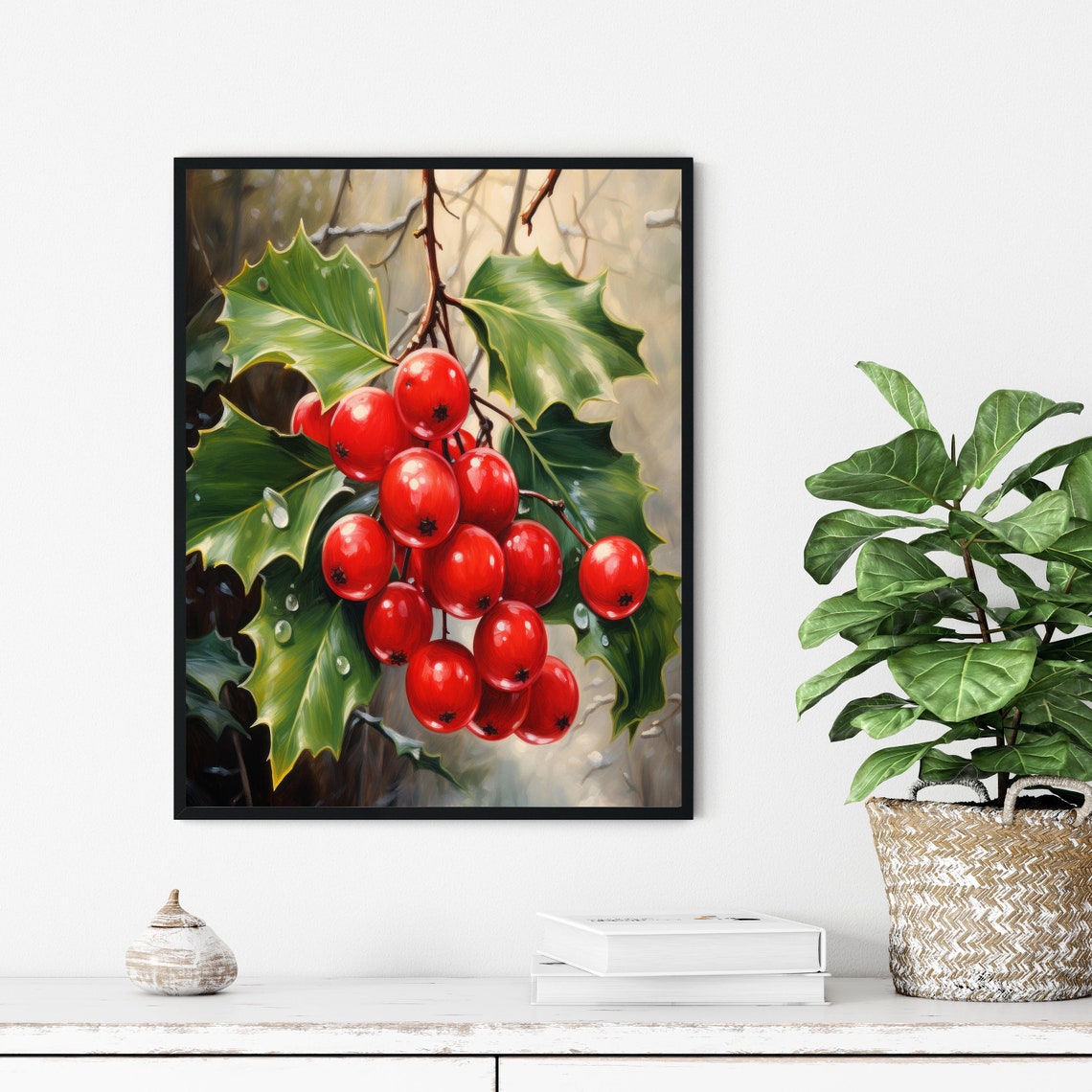Red Holly Berries Cluster Botanical Winter Branch Painting Poster - Image 2
