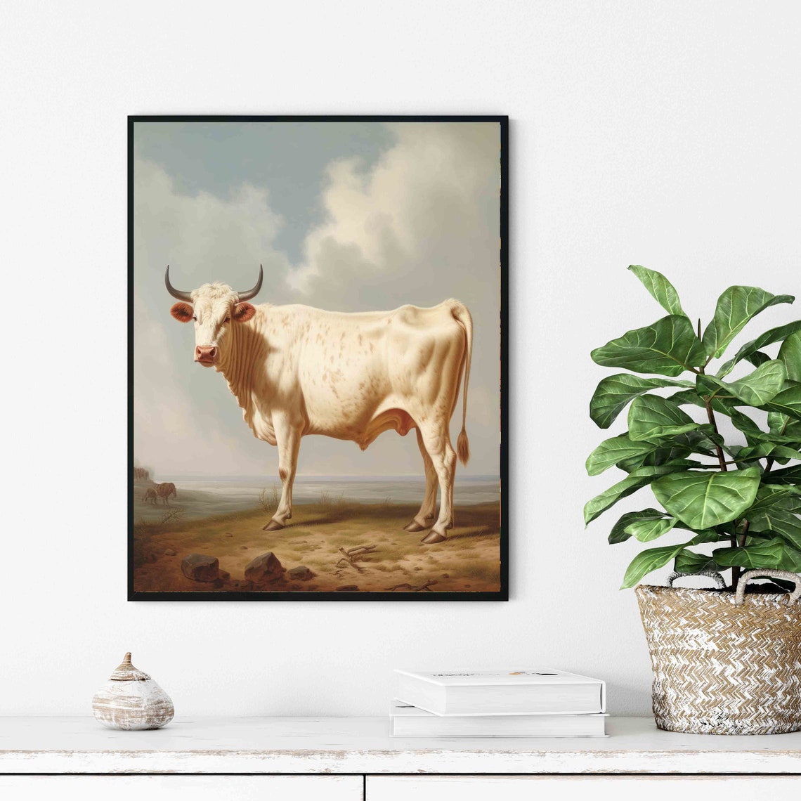 White Bull in Open Pasture Dignified Vintage Farm Animal Art Poster - Image 3