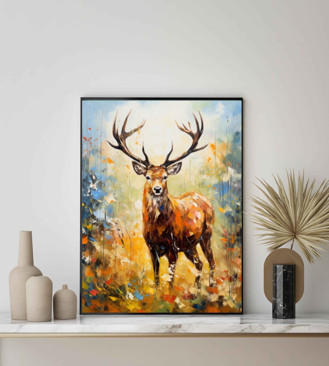 Majestic Stag With Antlers in Autumn Forest Oil Painting Poster - Image 2