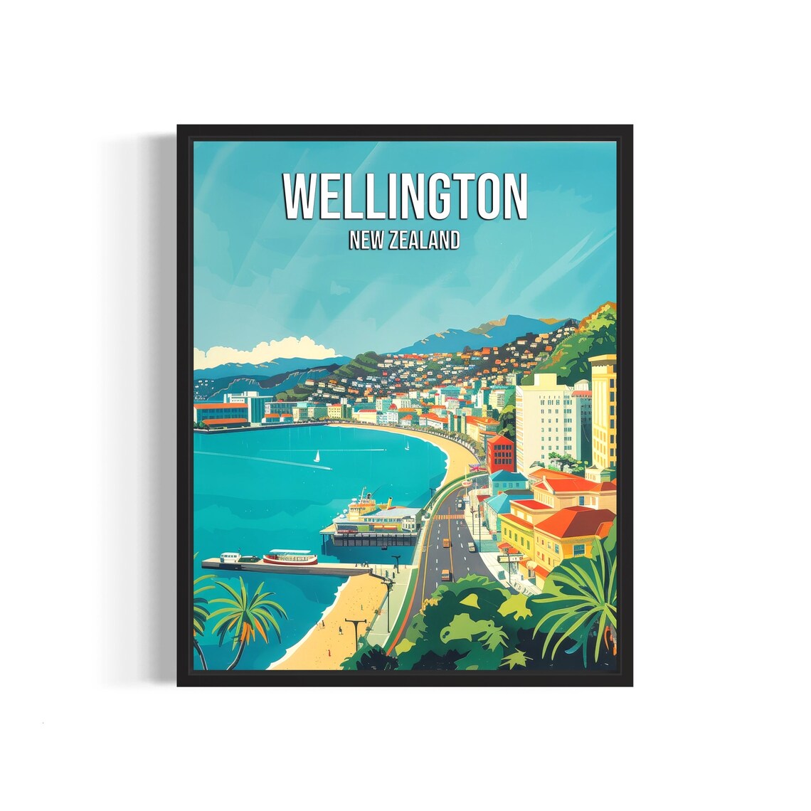 Wellington New Zealand Turquoise Bay Harbor Vintage Travel Poster