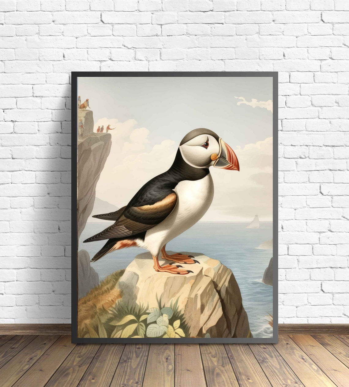 Atlantic Puffin Cliff Perch Vintage Seabird Illustration Poster