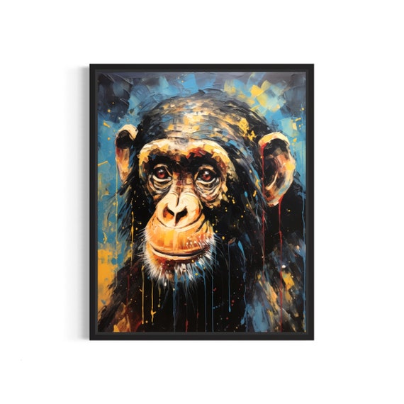 Soulful Chimpanzee Portrait Abstract Blue Gold Wildlife Poster