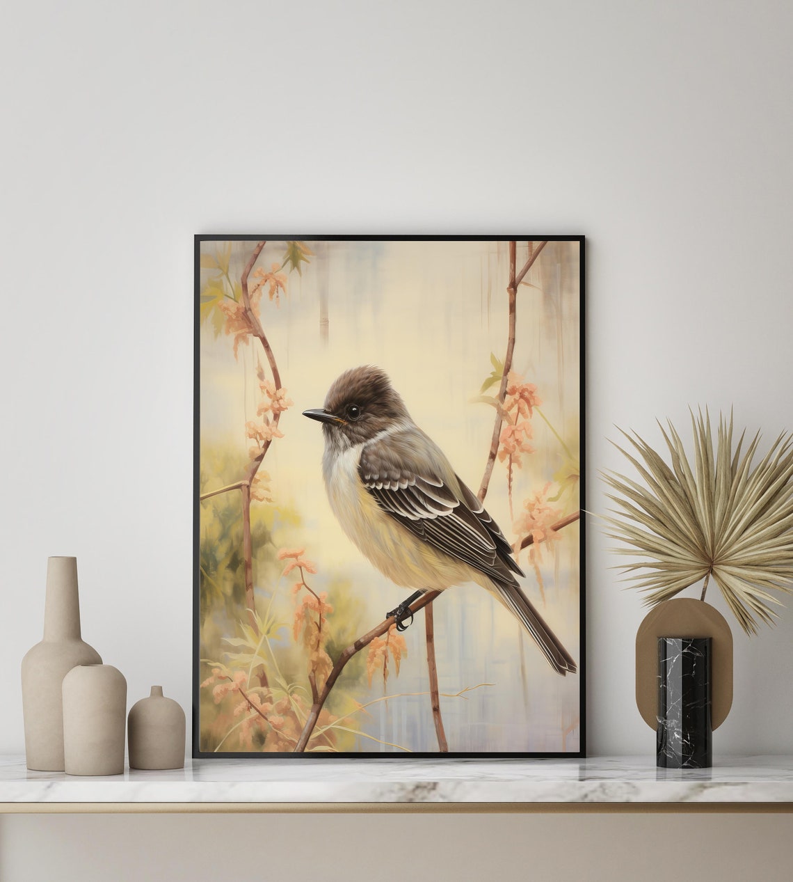 Small Gray Songbird on a Flowering Branch Soft Bird Art Poster - Image 3