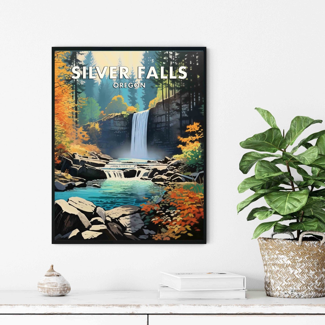 Silver Falls Oregon Autumn Waterfall Forest Retro Travel Poster - Image 3