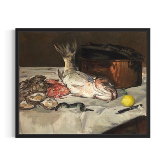 Fish Still Life Poster Art Print Vintage Farmhouse Painting Wall Art Decor