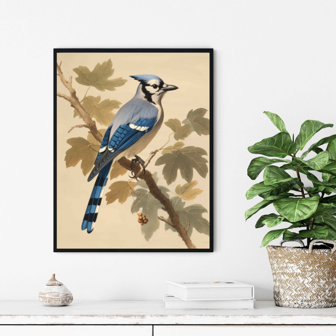 Vintage Blue Jay Botanical Poster Perched on a Leafy Oak Branch - Image 3