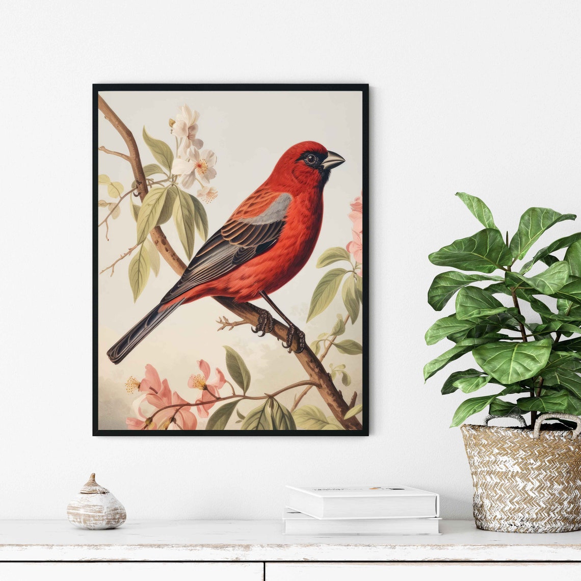 Vivid Crimson Finch Perched on a Flowering Branch Vintage Bird Poster - Image 3