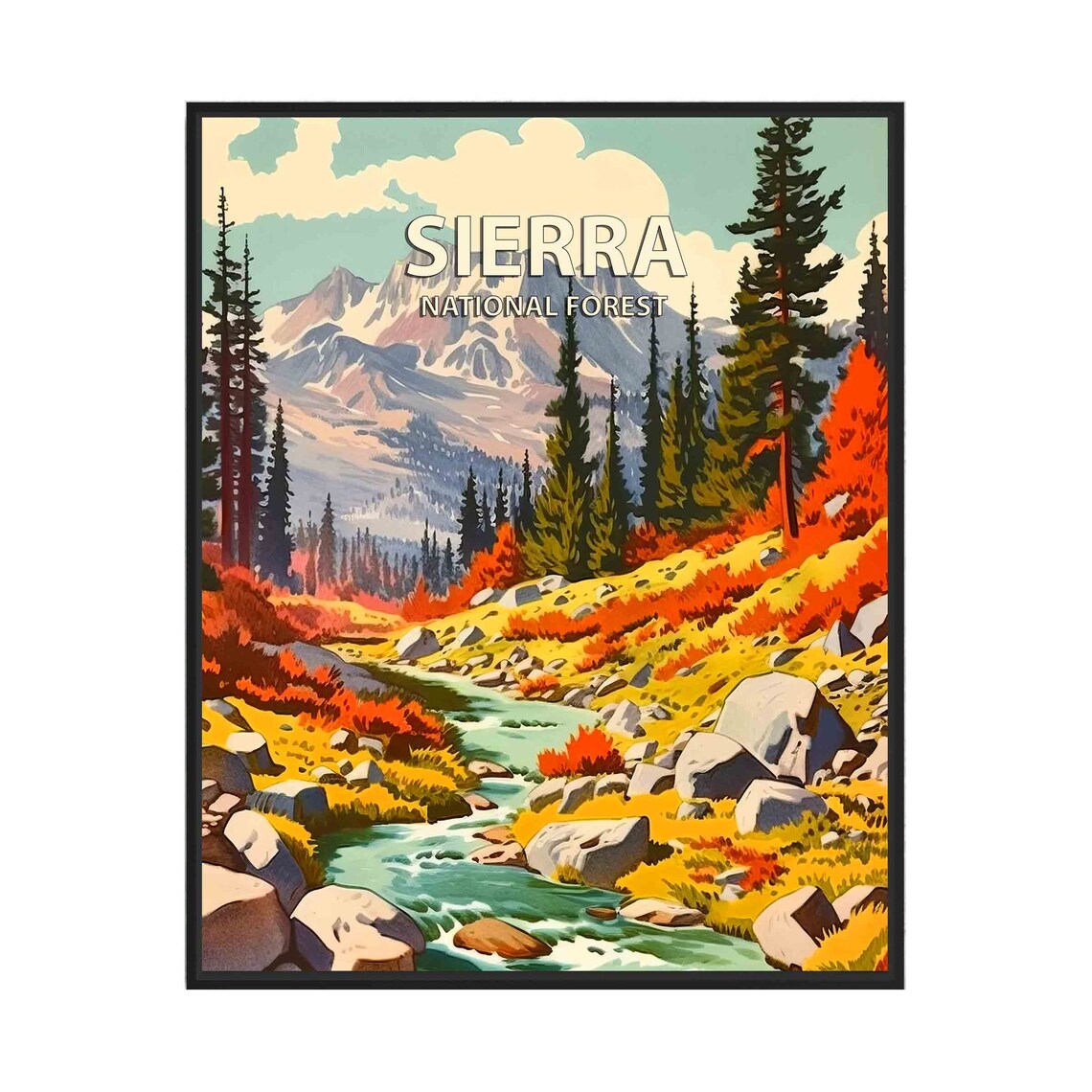 Sierra National Forest Granite Peaks Stream Retro Travel Poster