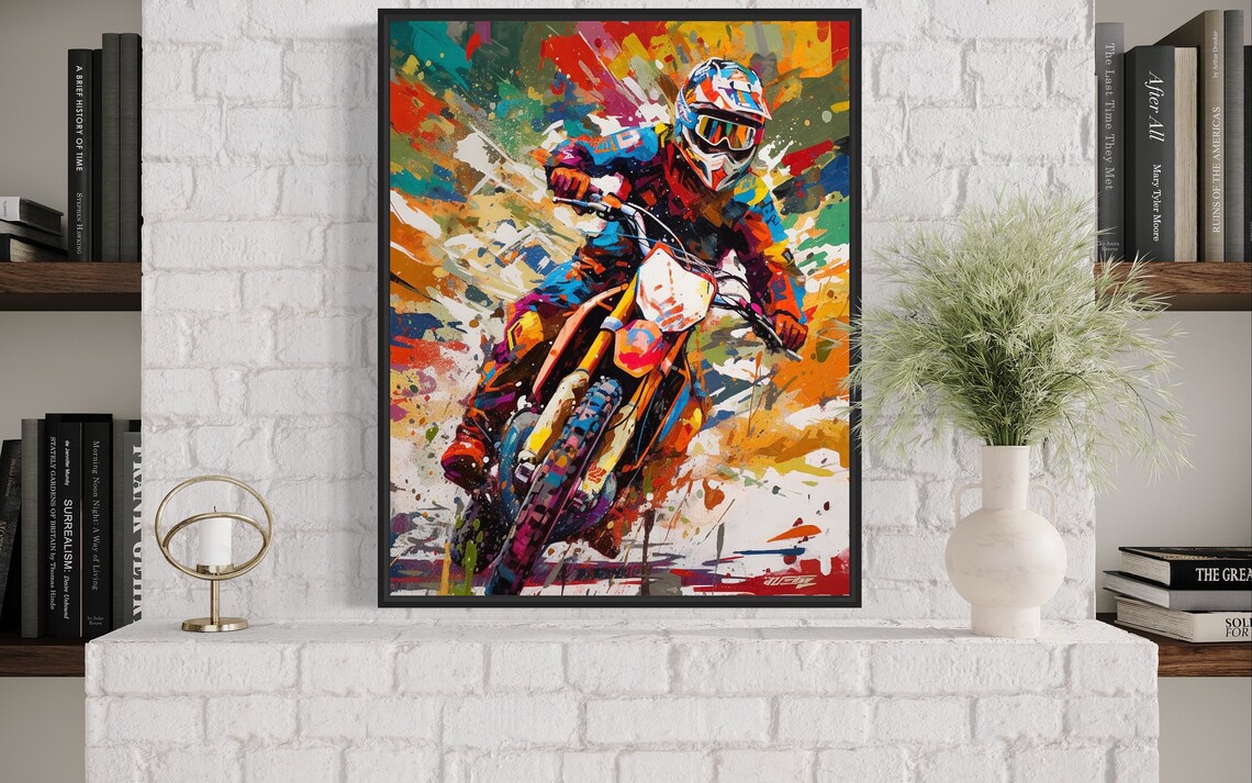 Supermoto Dirt Bike Racer in Bright Colorful Action Art Poster - Image 3