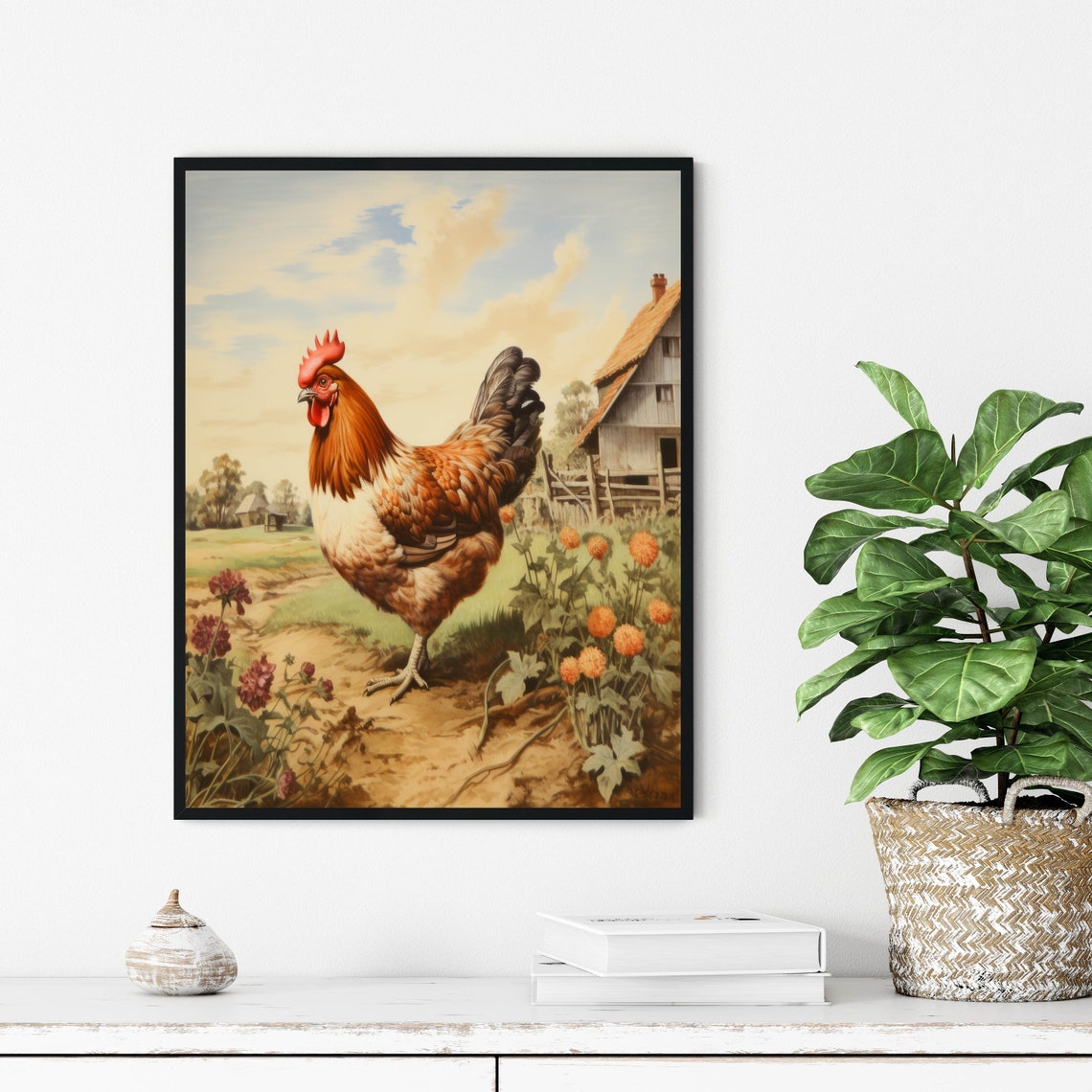 Proud Red Rooster Strutting Through A Blooming Farm Garden Poster - Image 3