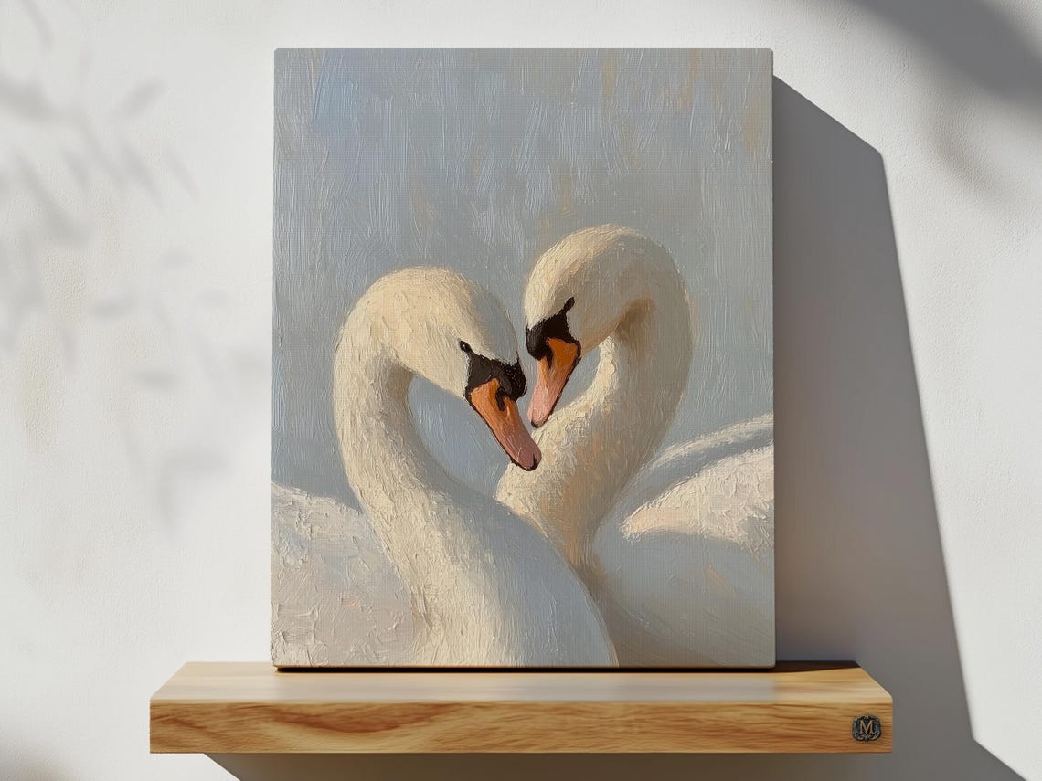 Two White Swans Tender Moment Soft Oil Painting Romantic Art Poster