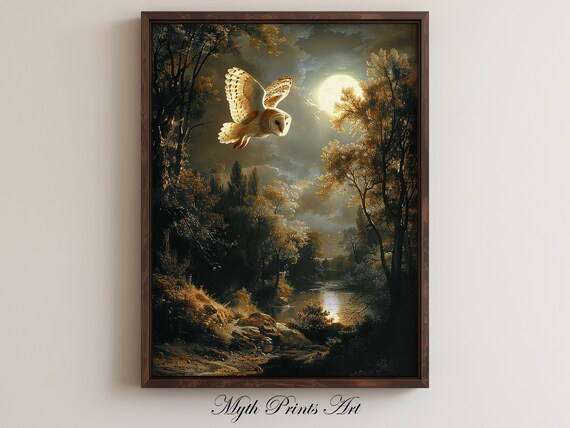 Moonlight Owl Print Rustic Moody Painting Wall Art Forest Landscape Full Moon Vintage Antique
