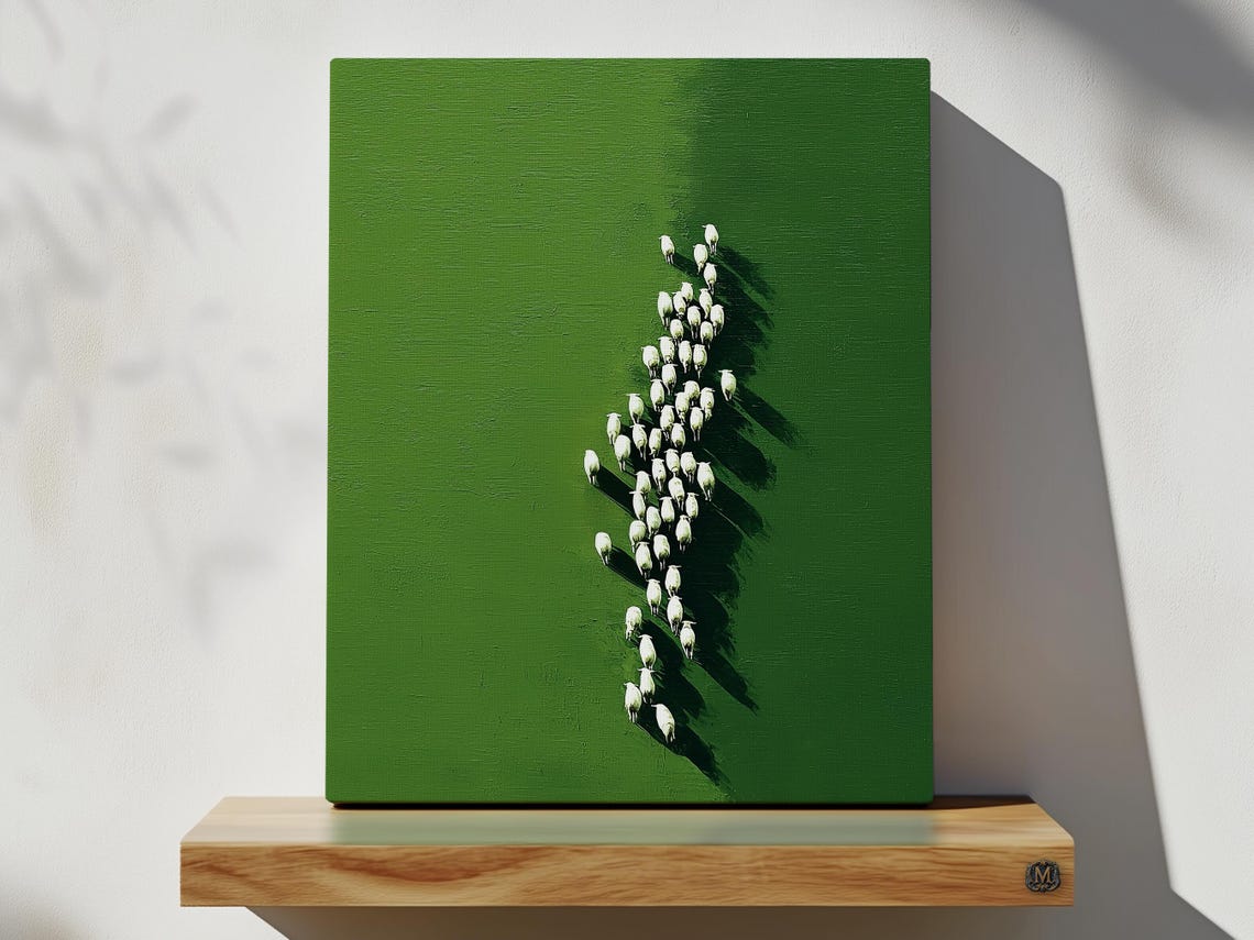 Sheep Flock Crossing Green Pasture Aerial Minimalist Nature Art Poster