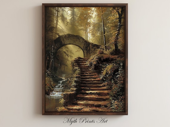 Overgrown Stone Stairs And Bridge, Vintage Art Print