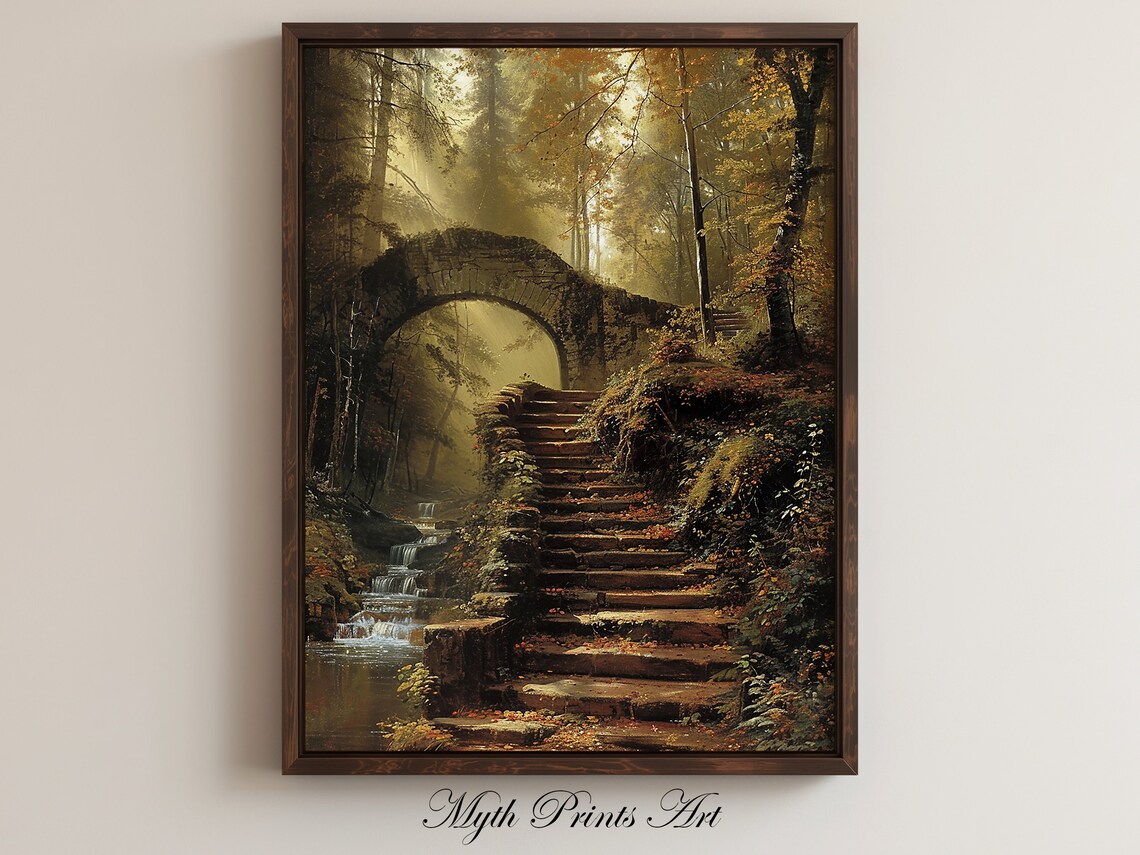 Overgrown Stone Stairs And Bridge, Vintage Art Print