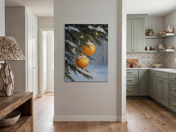 Amber Christmas Ornaments Snowy Pine Branch Holiday Painting Poster