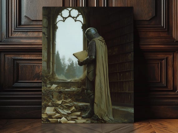 Lone Knight And Abandoned Library Print On Canvas Or Premium Archival Paper Medieval Moody Dark Academia Wall Art Castlecore Home Decor
