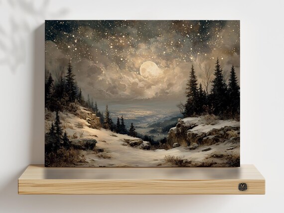 Full Moon Starry Night Print On Canvas Or Premium Archival Paper Magical Nature Scenery Painting Whimsical Wall Art Home Decor