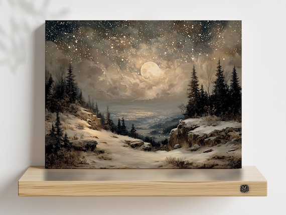 Moonlit Snowy Mountain Valley Starry Night Winter Landscape Poster