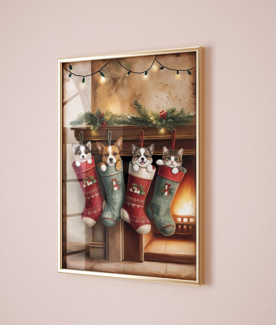Cute Pets In Christmas Stockings Cozy Fireplace Holiday Art Poster