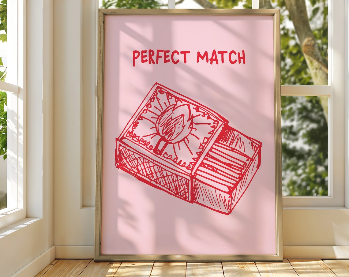 Perfect Match Red Matchbox Sketch On Blush Pink Couples Poster