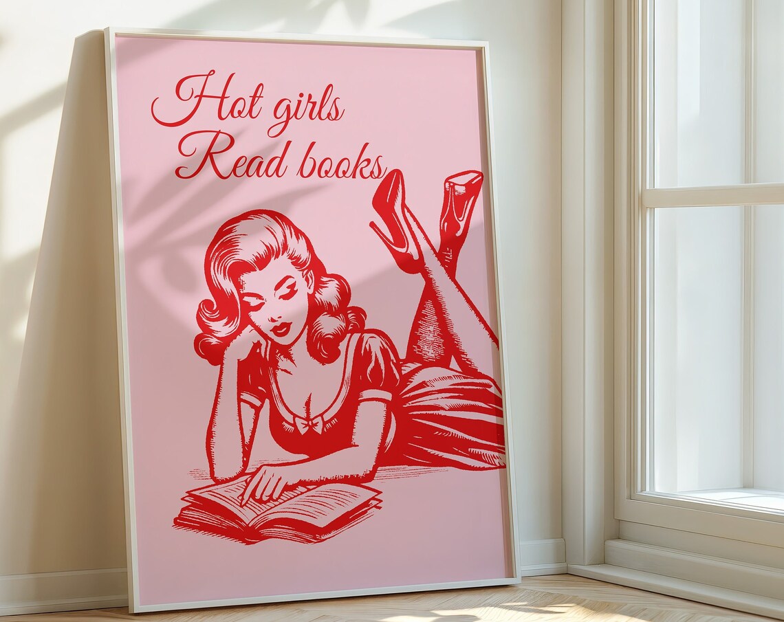 Hot Girls Read Books Retro Pin Up Reader Pink Typography Quote Poster