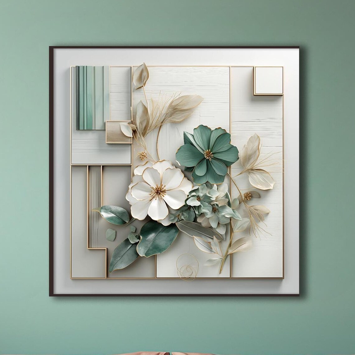 Elegant White Teal 3D Flowers Gold Geometric Minimalist Floral Poster - Image 4