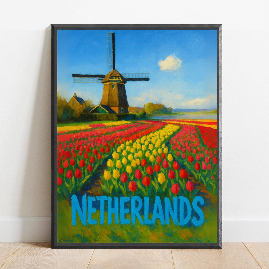 Netherlands Windmill and Tulip Fields Spring Landscape Art Poster