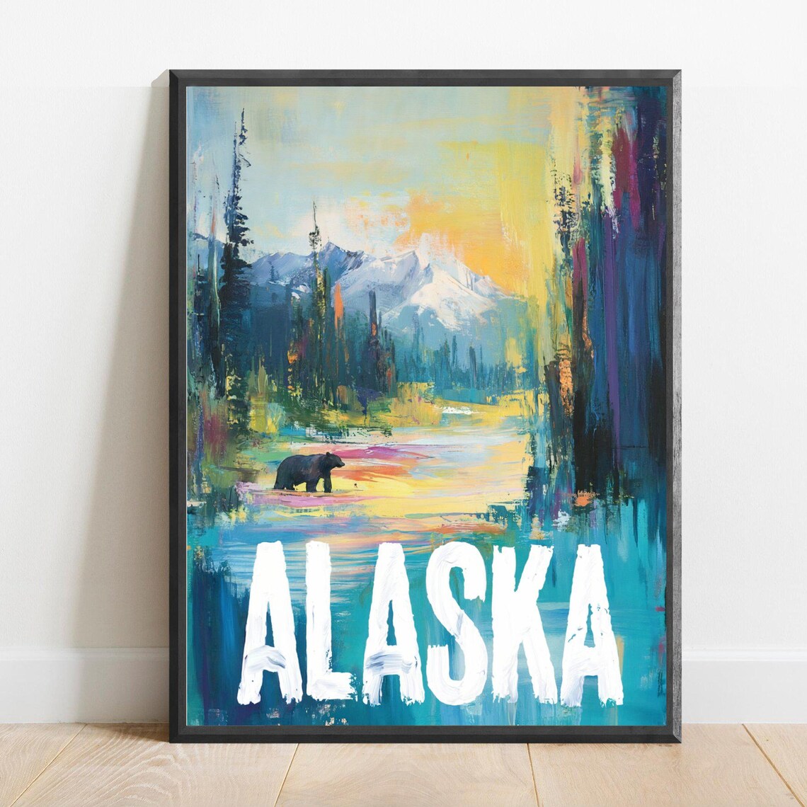 Alaska Bear River Snowy Mountains Bold Brushstroke Travel Poster