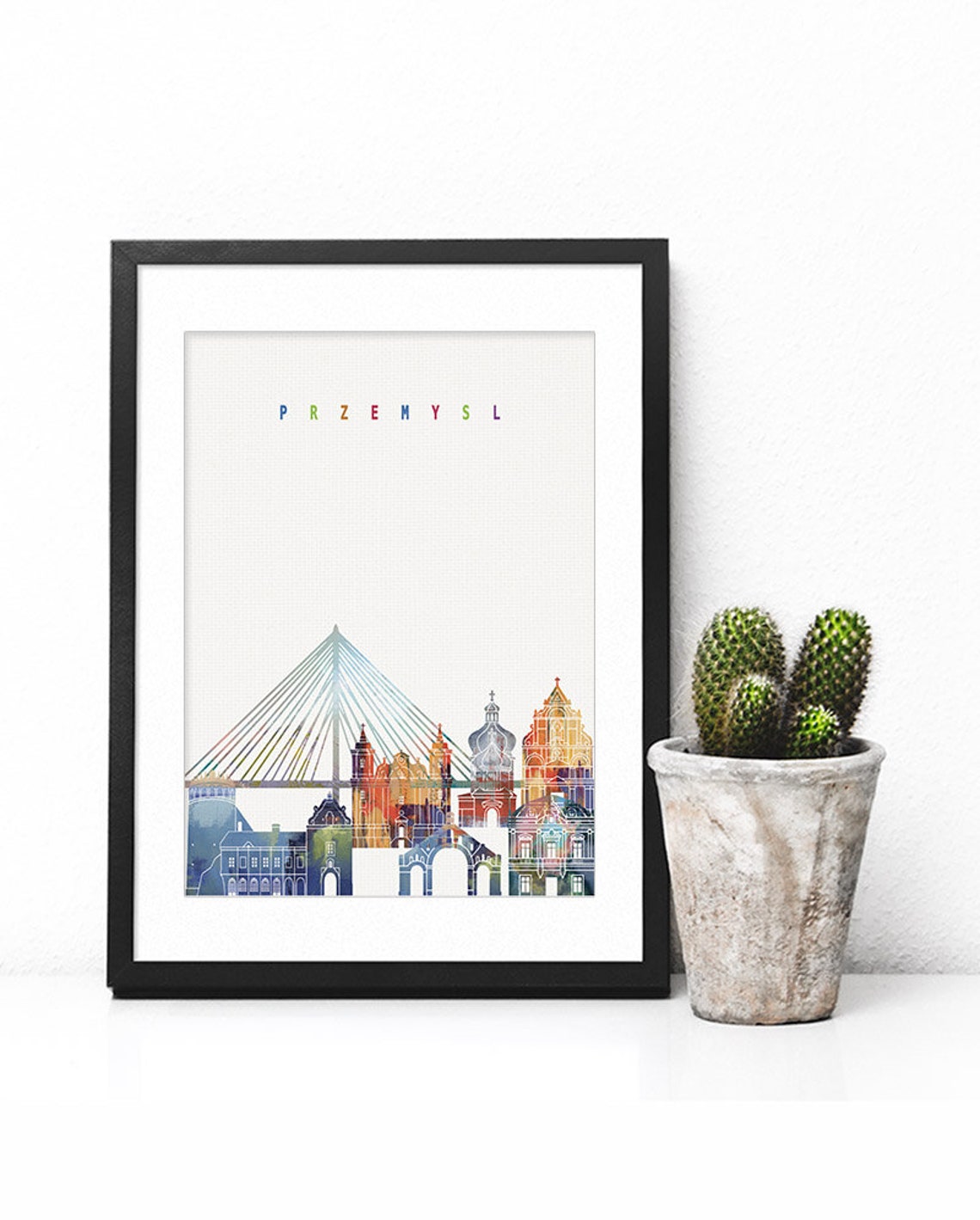Przemysl Skyline Colorful Watercolor Bridge Cityscape Art Poster - Image 2