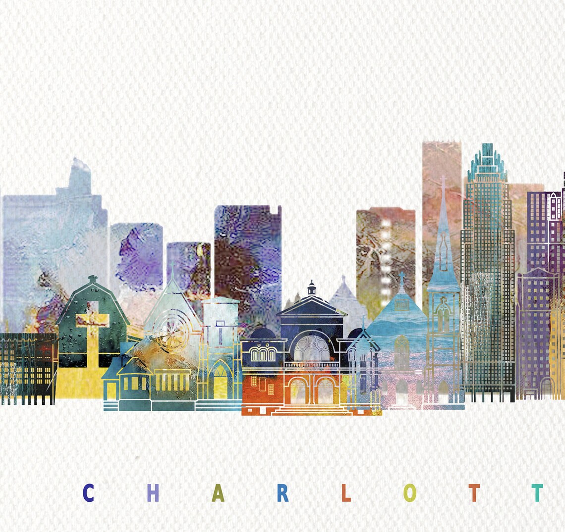 Charlotte North Carolina Uptown Watercolor Skyline Art Poster - Image 2