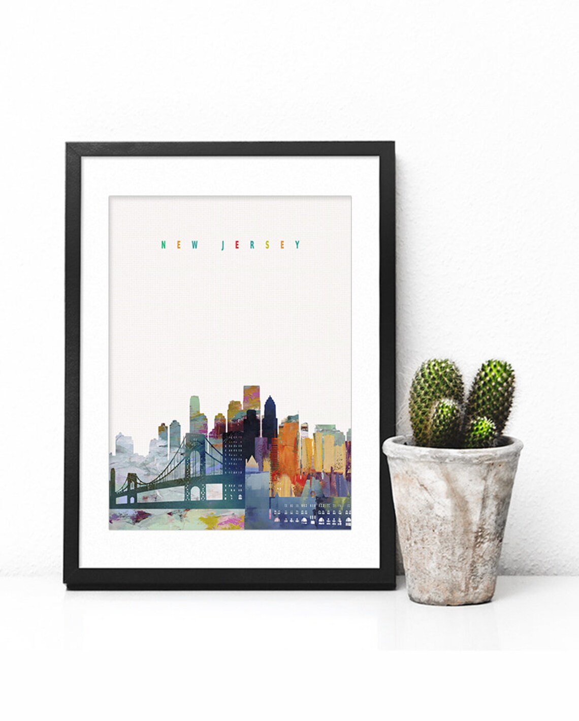 New Jersey Skyline Colorful Watercolor With Bridge Art Poster - Image 2