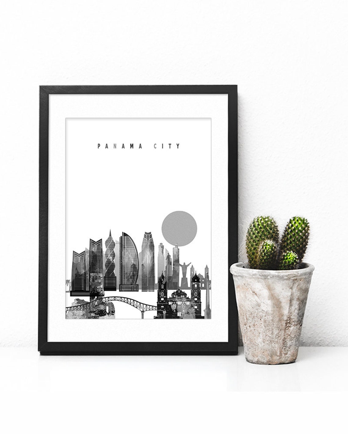Panama City Black and White Skyline Moon Minimalist Decor Poster - Image 3