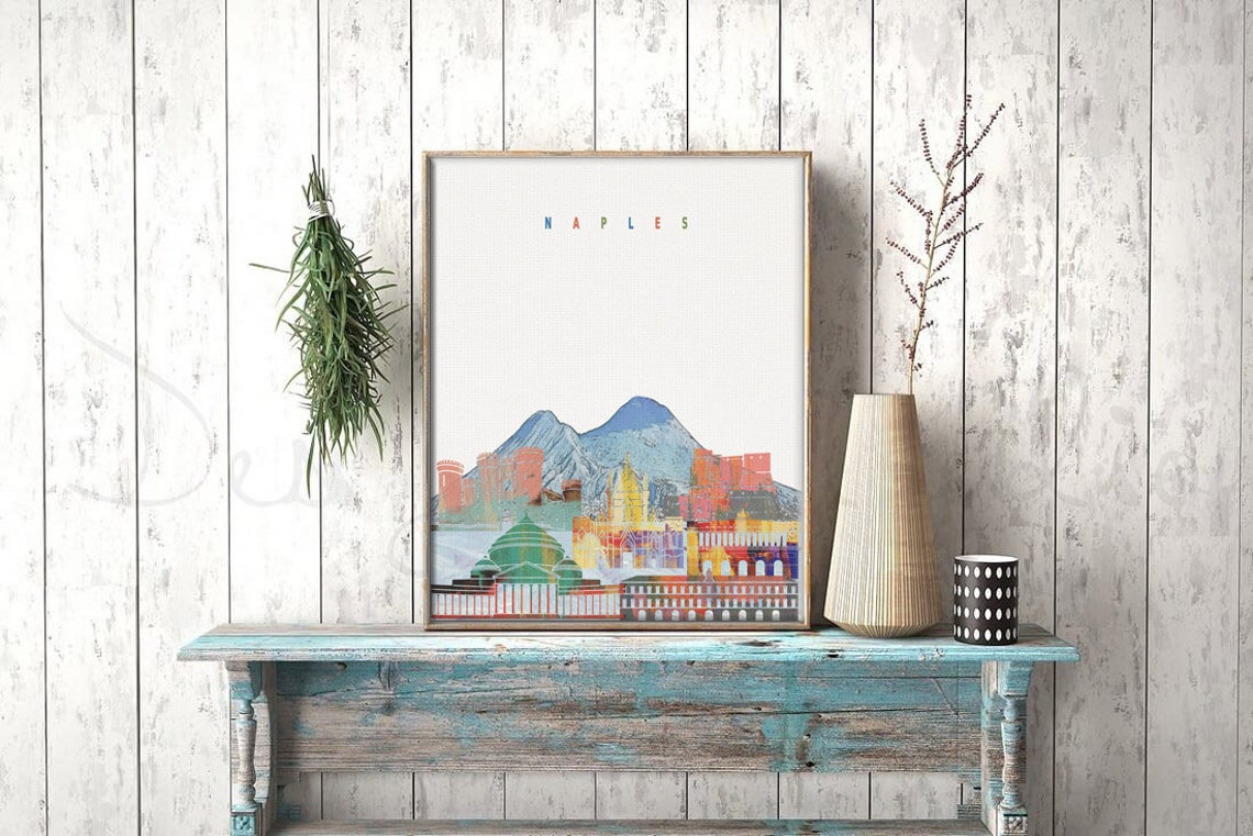 Naples Italy Mount Vesuvius Bay Watercolor Skyline Poster Art - Image 2