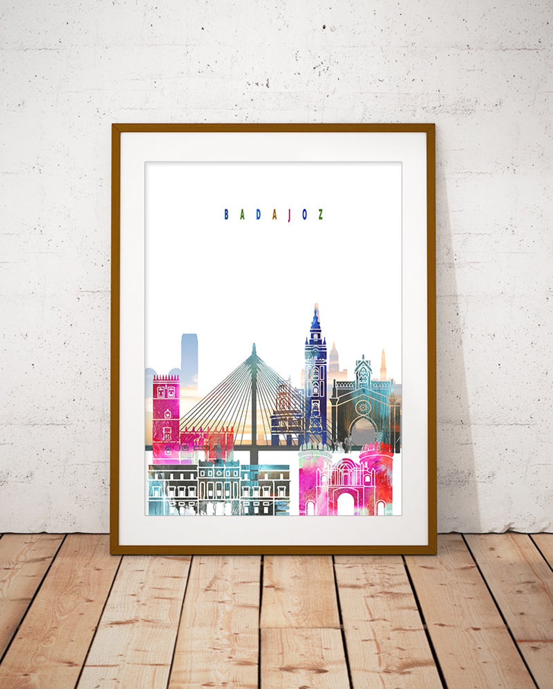Badajoz Watercolor City Skyline Spain Print Home Decor Gift Modern