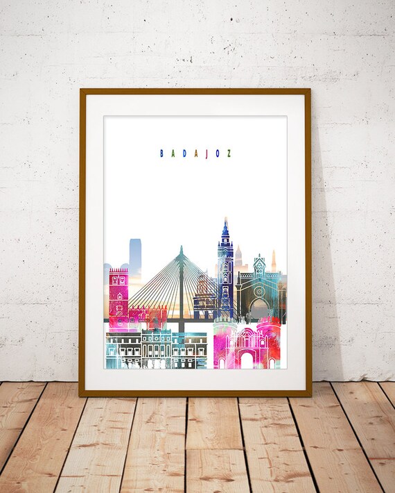Badajoz Watercolor City Skyline Spain Print Home Decor Gift Modern